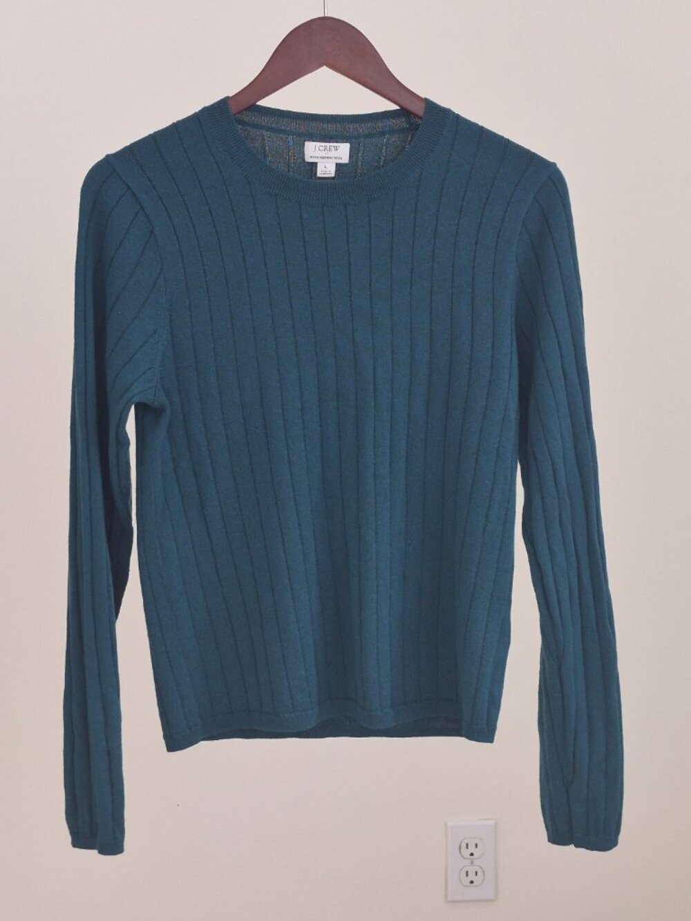 J.Crew Women’s L Teal Ribbed Merino Wool Blend Crewneck Sweater BS918